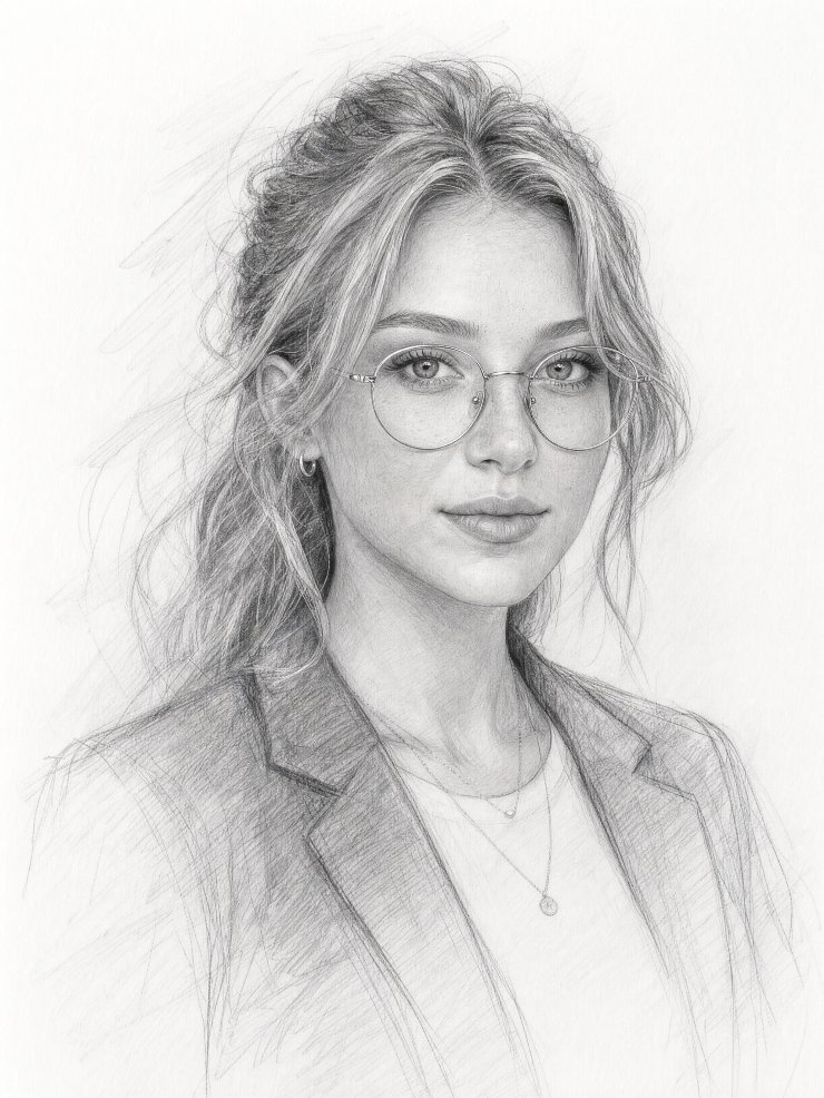 Graphite portrait of Aurelia Haynes wearing wire-frame glasses and a blazer